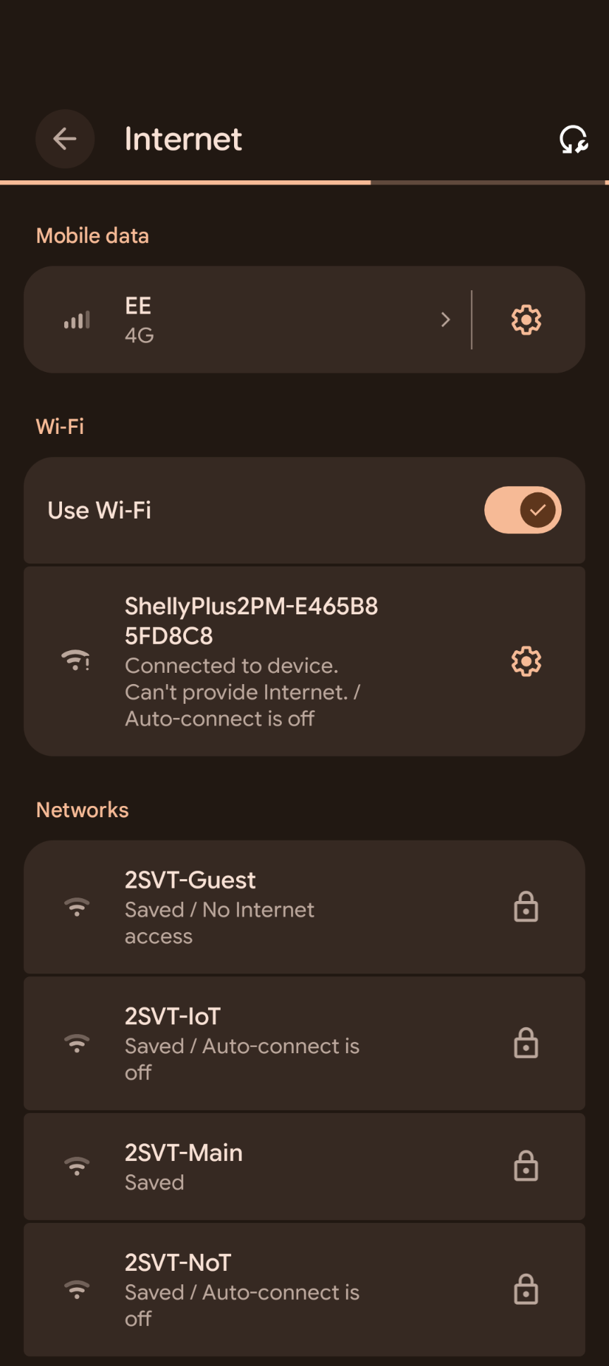 Android WiFi settings showing ShellyPlus2PM connected at top